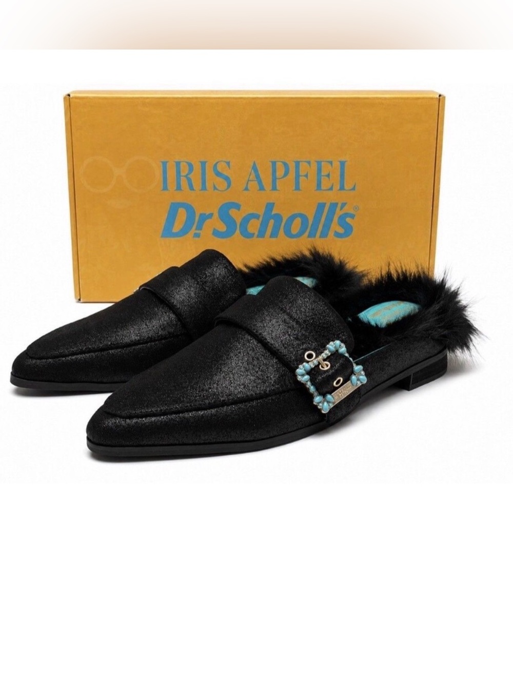 Dr. School’s Mr. Carl Black Fur-Trim Mule Loafers size 9 New